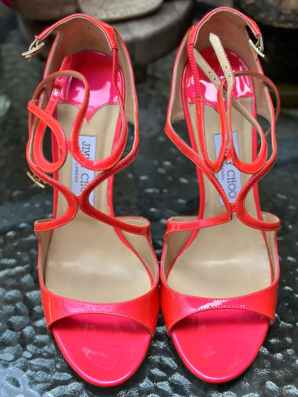 Jimmy Choo Lance Neon Pink Patent Leather  Strappy Sandals